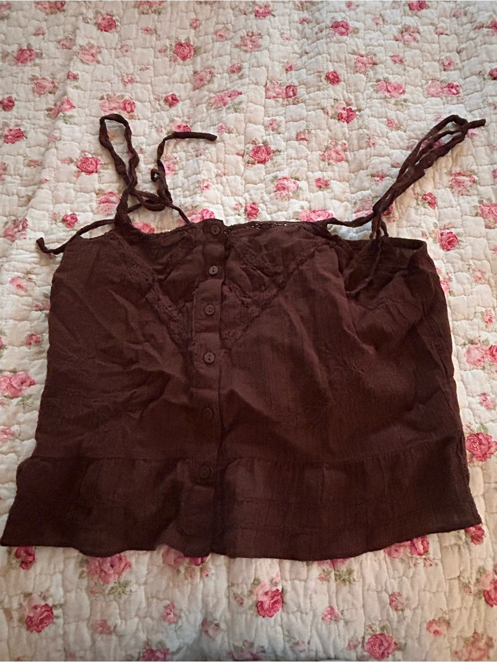 American Eagle Outfitters Brown Button-Front Lace Trim Cami